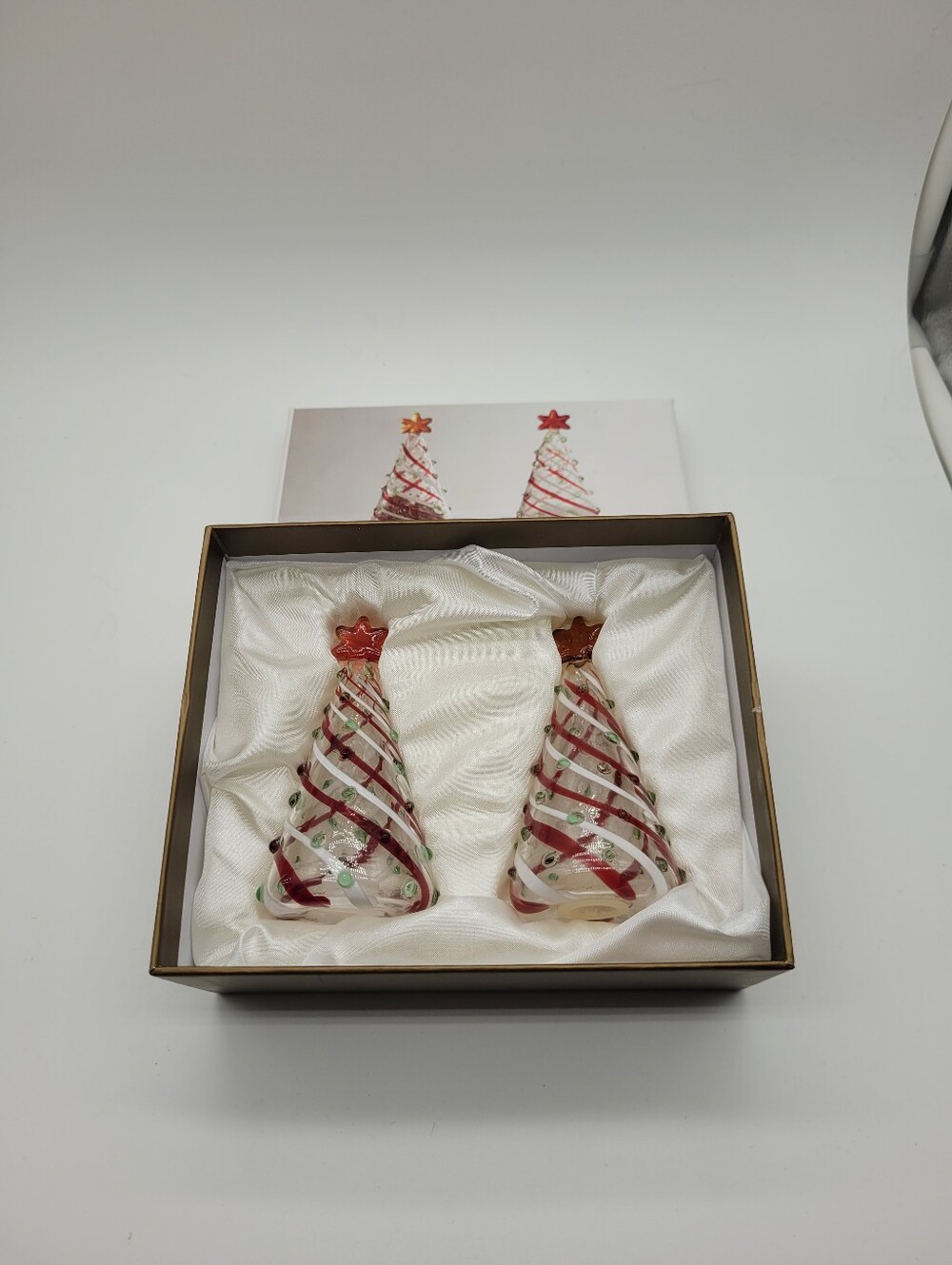 Pier 1 Glass Christmas Tree Salt and Pepper Shakers Set NIB Holiday Table Decor